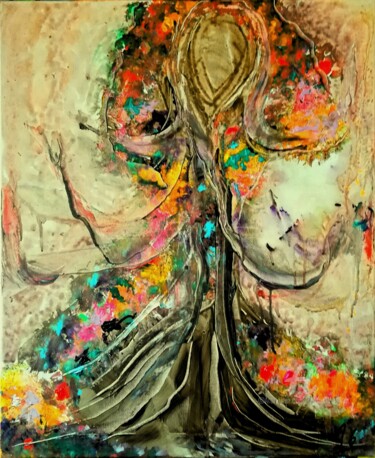 Painting titled "ARBRE-FEMME DE VIE…" by Michele Guillot, Original Artwork, Acrylic Mounted on Wood Stretcher frame
