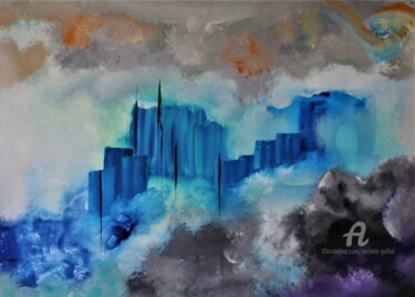 Painting titled "CITÉ BLEUE / BLUE C…" by Michele Guillot, Original Artwork, Acrylic Mounted on Wood Stretcher frame