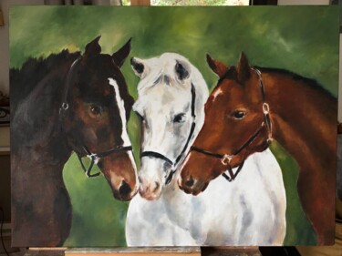 Painting titled "Trois chevaux" by Michèle Lafaye, Original Artwork, Oil Mounted on Wood Stretcher frame