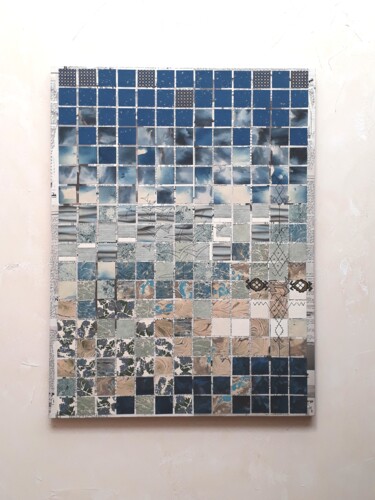 「Essaouira」というタイトルのコラージュ Michèle Lassus Lopezによって, オリジナルのアートワーク, コラージュ ウッドパネルにマウント
