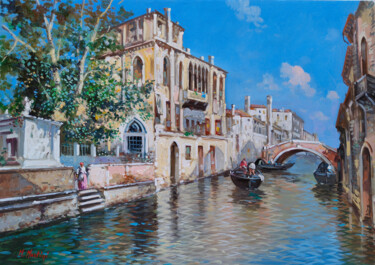 Painting titled "Venetian canal - Ve…" by Michele Martini, Original Artwork, Oil Mounted on Wood Stretcher frame