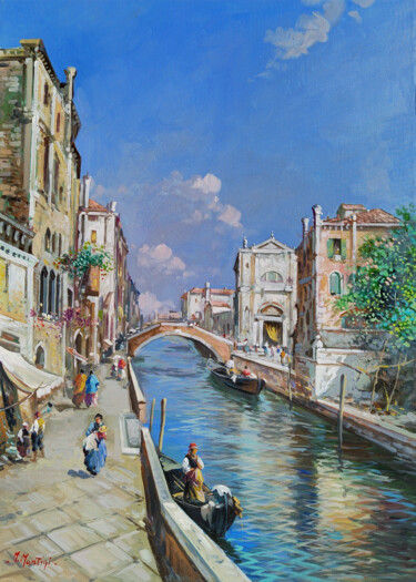 Malerei mit dem Titel "Old Venice cityscape" von Michele Martini, Original-Kunstwerk, Öl Auf Keilrahmen aus Holz montiert
