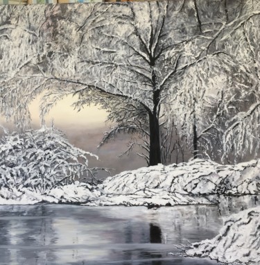 Painting titled "EN HIVER" by Michèle Moehring, Original Artwork, Oil Mounted on Wood Stretcher frame