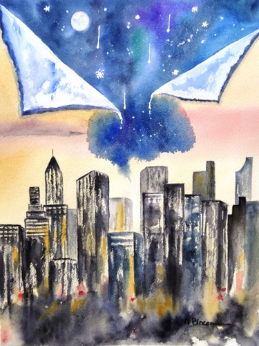 Painting titled "la-nuit-tombe" by Michèle Pincemin, Original Artwork, Watercolor