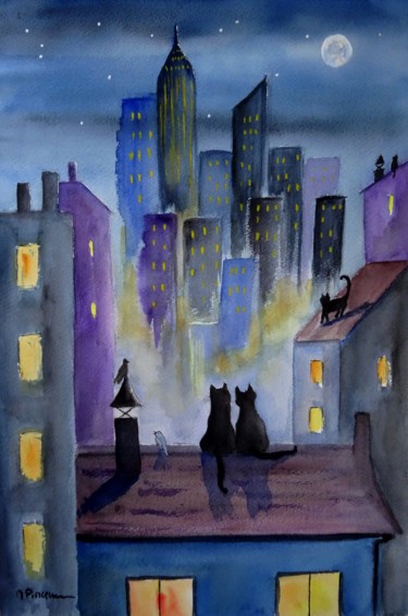 Painting titled "Minuit sur les toits" by Michèle Pincemin, Original Artwork, Watercolor