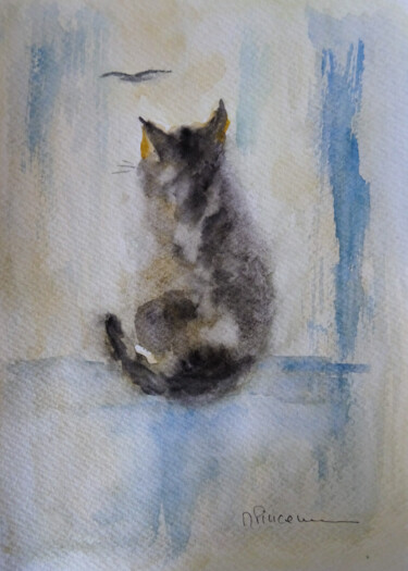 Painting titled "Chatdow" by Michèle Pincemin, Original Artwork, Watercolor Mounted on Cardboard