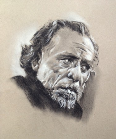 Drawing titled "Charles Bukowski" by Michèle Rais, Original Artwork, Charcoal