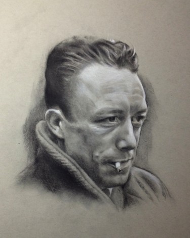 Dessin intitulée "Albert Camus" par Michèle Rais, Œuvre d'art originale, Fusain