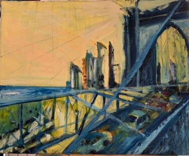 Painting titled "The bridge" by Michele Sardain, Original Artwork, Oil Mounted on Wood Stretcher frame