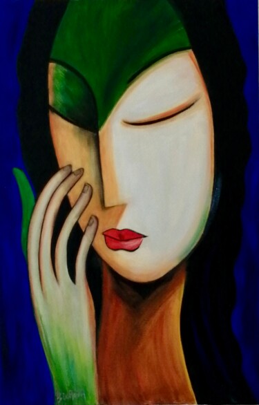 Painting titled "Ma voisine" by Michele Trabalon, Original Artwork, Oil Mounted on Wood Stretcher frame