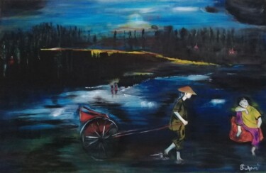 Painting titled "L'attente" by Michele Trabalon, Original Artwork, Oil Mounted on Wood Stretcher frame