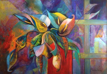 Картина под названием "Arums" - Michèle Padoy, Подлинное произведение искусства, Акрил Установлен на Деревянная панель