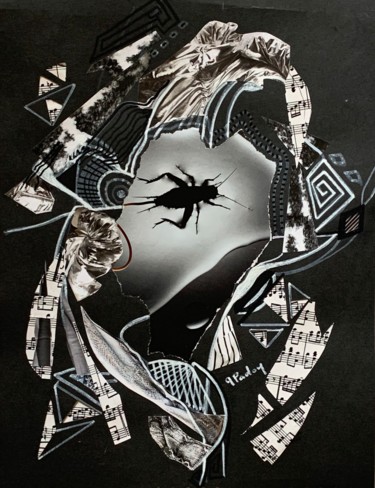 Collages titulada "Le grillon prisonni…" por Michèle Padoy, Obra de arte original, Rotulador Montado en Cartulina