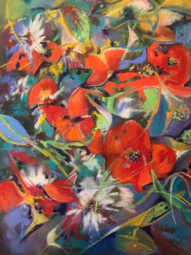 Painting titled "Pavots de Californie" by Michèle Padoy, Original Artwork, Pastel Mounted on Cardboard