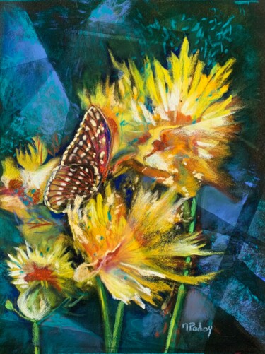 Peinture intitulée "Le papillon butine" par Michèle Padoy, Œuvre d'art originale, Pastel Monté sur Carton