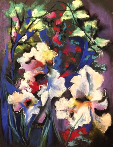 Pittura intitolato "Iris de jardin" da Michèle Padoy, Opera d'arte originale, Pastello Montato su Vetro