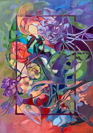 Painting titled "Songe fleuri" by Michèle Padoy, Original Artwork, Oil Mounted on Wood Stretcher frame