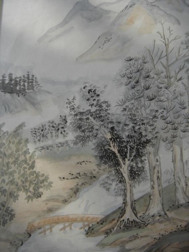 Painting titled "rivière et montagnes" by Michele Hellec, Original Artwork