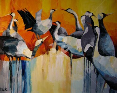 Malerei mit dem Titel "Les grues" von Michèle Ribeiro, Original-Kunstwerk, Öl