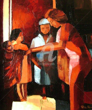 Painting titled "Femme avec enfants" by Michèle Ribeiro, Original Artwork, Oil