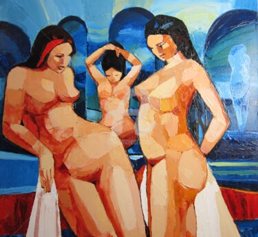 Peinture intitulée "Femmes au hammam" par Michèle Ribeiro, Œuvre d'art originale