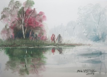 Painting titled "Paysage" by Michel Estival, Original Artwork, Watercolor