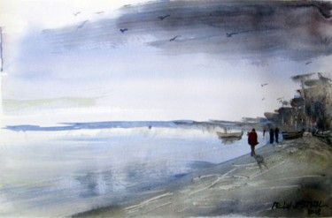 Painting titled "1802 22 Le Bassin" by Michel Estival, Original Artwork, Watercolor