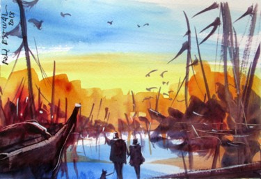 Painting titled "1803 03 Le port" by Michel Estival, Original Artwork, Watercolor