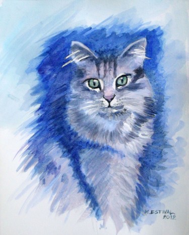 Peinture intitulée "Le chat" par Michel Estival, Œuvre d'art originale, Aquarelle