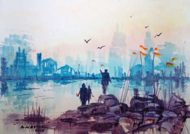 Peinture intitulée "Le port" par Michel Estival, Œuvre d'art originale, Aquarelle