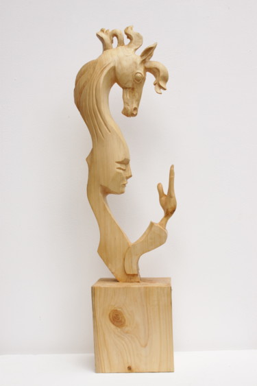 Sculptuur getiteld "Frère cheval" door Michel Ferre, Origineel Kunstwerk, Hout