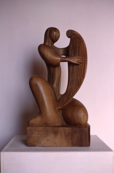 Γλυπτική με τίτλο "Ange et sa Harpe" από Michel Ferre, Αυθεντικά έργα τέχνης, Ξύλο