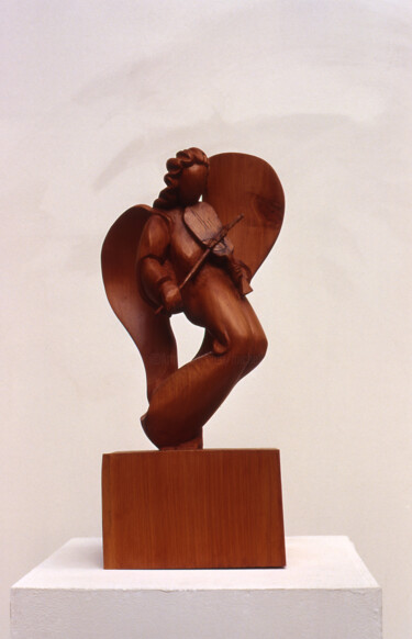 Sculptuur getiteld "Ange au Luth" door Michel Ferre, Origineel Kunstwerk, Hout