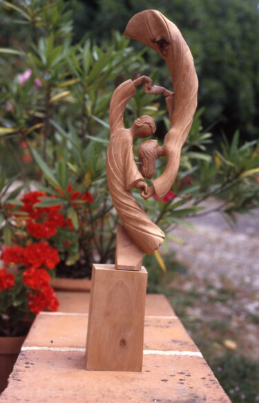 Sculpture titled "Duo d'Anges" by Michel Ferre, Original Artwork, Wood