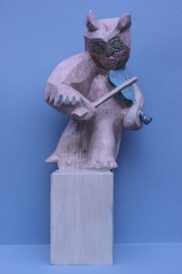 Sculpture titled "Hibou Violoniste" by Michel Ferre, Original Artwork, Wood
