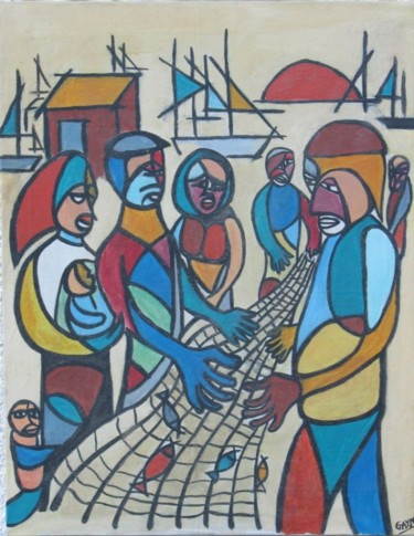 Peinture intitulée "pecheurs-portugais.…" par Michel Gay, Œuvre d'art originale