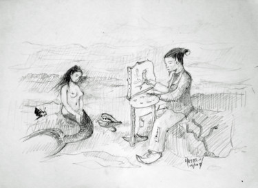 Drawing titled "La petite sirène et…" by Michel Hamelin, Original Artwork, Pencil