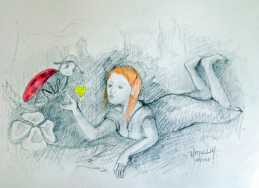 Rysunek zatytułowany „Une Korriganeet un…” autorstwa Michel Hamelin, Oryginalna praca, Ołówek