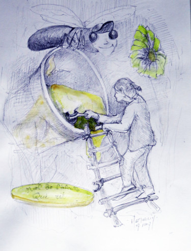 Dessin intitulée "Le korrigan gourmand" par Michel Hamelin, Œuvre d'art originale, Crayon