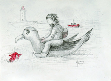 Dessin intitulée "Le korrigan parts à…" par Michel Hamelin, Œuvre d'art originale, Crayon