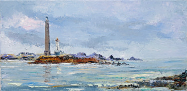 Painting titled "Les phares de l'Ile…" by Michel Hamelin, Original Artwork, Oil Mounted on Wood Stretcher frame