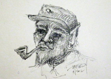 Dessin intitulée "Le vieux pêcheur ko…" par Michel Hamelin, Œuvre d'art originale, Graphite