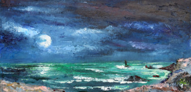 Painting titled "Pleine lune sur la…" by Michel Hamelin, Original Artwork, Oil Mounted on artwork_cat.
