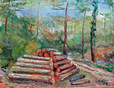 Peinture intitulée "grumes en forêt Lan…" par Michel Hamelin, Œuvre d'art originale, Huile Monté sur Châssis en bois