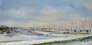 Painting titled "Le port de La Teste…" by Michel Hamelin, Original Artwork, Oil Mounted on Wood Stretcher frame