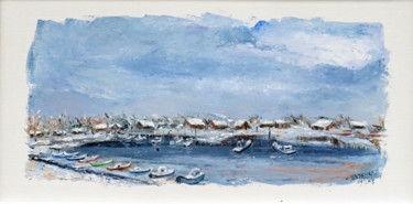 Painting titled "Neige sur le port d…" by Michel Hamelin, Original Artwork, Oil Mounted on Wood Stretcher frame