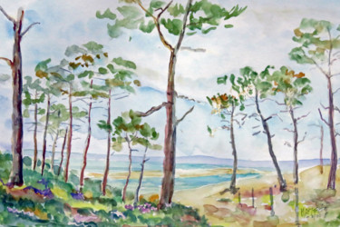 Pintura intitulada "Arcachon le banc d'…" por Michel Hamelin, Obras de arte originais, Aquarela