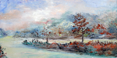 Painting titled "Rivière d'automne" by Michel Hamelin, Original Artwork, Oil Mounted on Wood Stretcher frame