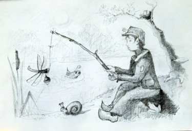 Rysunek zatytułowany „Un korrigan pêche à…” autorstwa Michel Hamelin, Oryginalna praca, Grafit