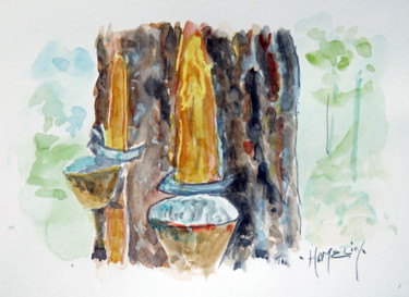 Schilderij getiteld "Les pots de résine" door Michel Hamelin, Origineel Kunstwerk, Aquarel